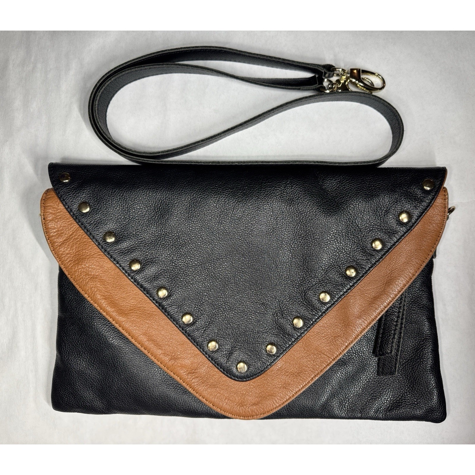 B-Low The Belt Genuine Leather Studded Black & Tan Envelope Crossbody Clutch Bag